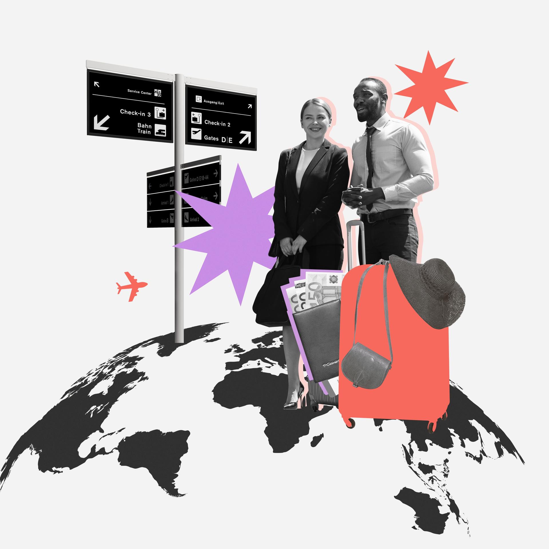 Monochrome image of business people, colleagues with suitcases at airport signpost going on business trip. Contemporary art collage.