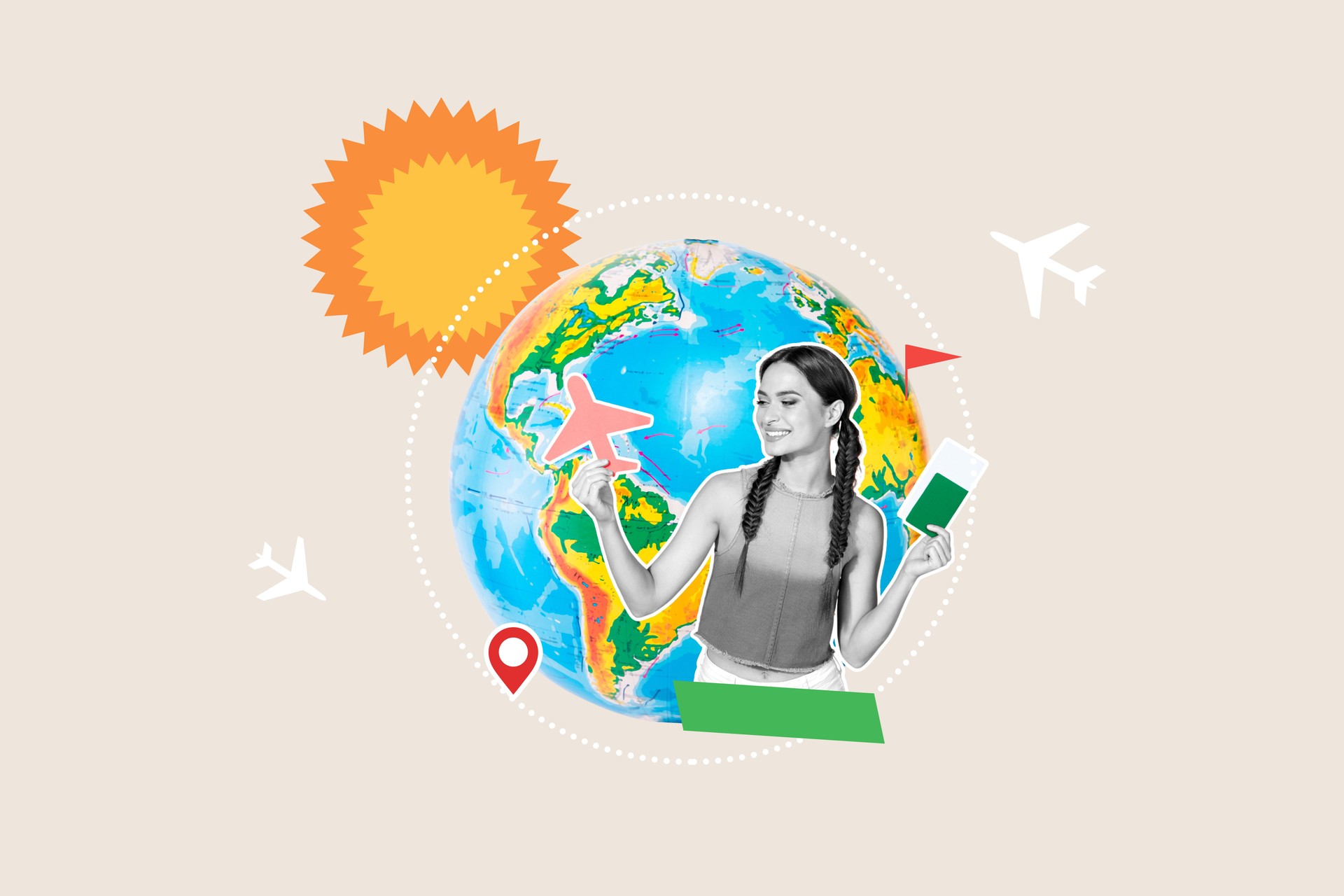 Full 3d image creative poster collage of happy girl hold plane tickets passenger flight globe earth geolocation route travel